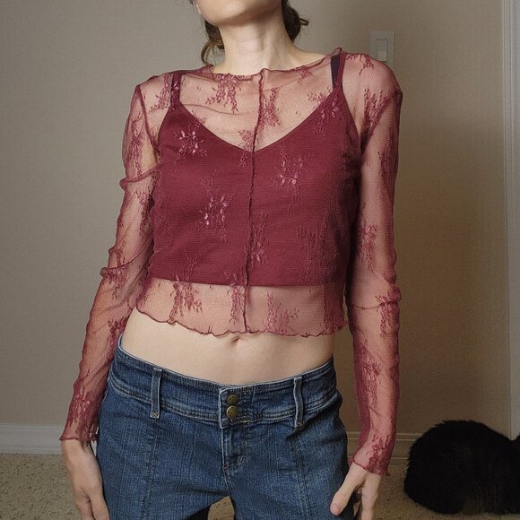 MIOU MUSE Y2K 90's Red Sheer Lace Long Sleeve Top Spaghetti Strap Camisole Small - Picture 10 of 12